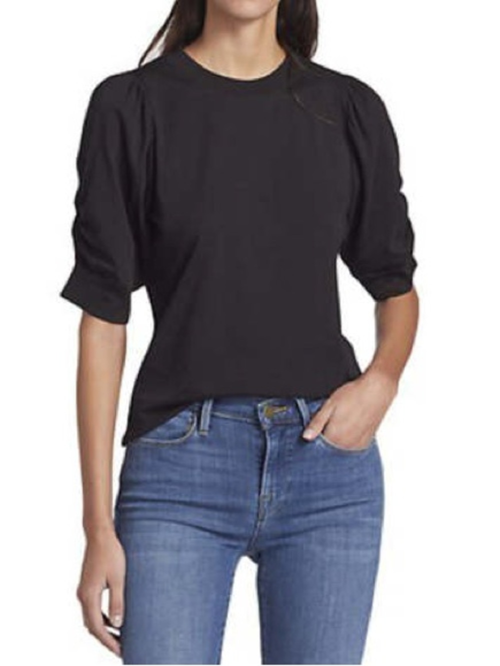 FRAME Pleated Black Puff Short Sleeve Top Blouse M